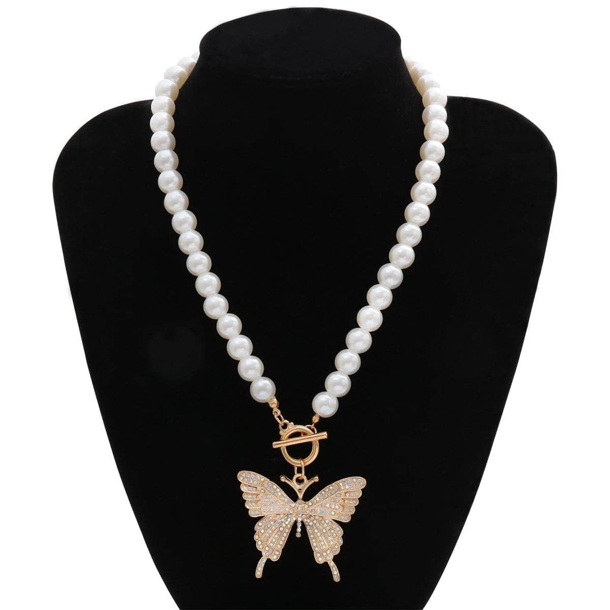 Cubic Zirconia & Pearl Goldtone Butterfly Pendant Necklace