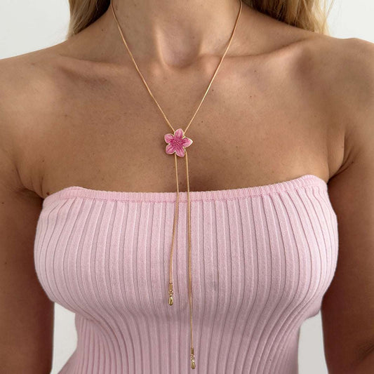 Pink Enamel & Goldtone Flower Tassel Pendant Necklace