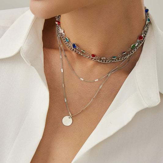 Multi-Colored Crystal & Silvertone Circular Pendant Layered Necklace Set