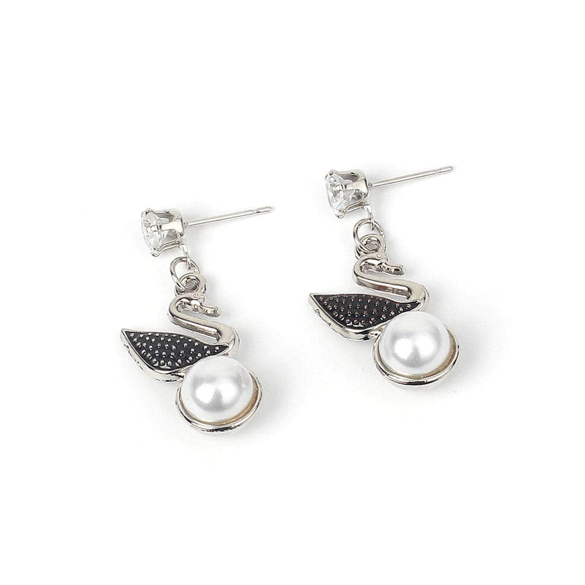 Cubic Zirconia & Pearl Silvertone Swan Drop Earring