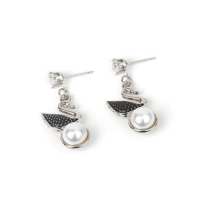 Cubic Zirconia & Pearl Silvertone Swan Drop Earring