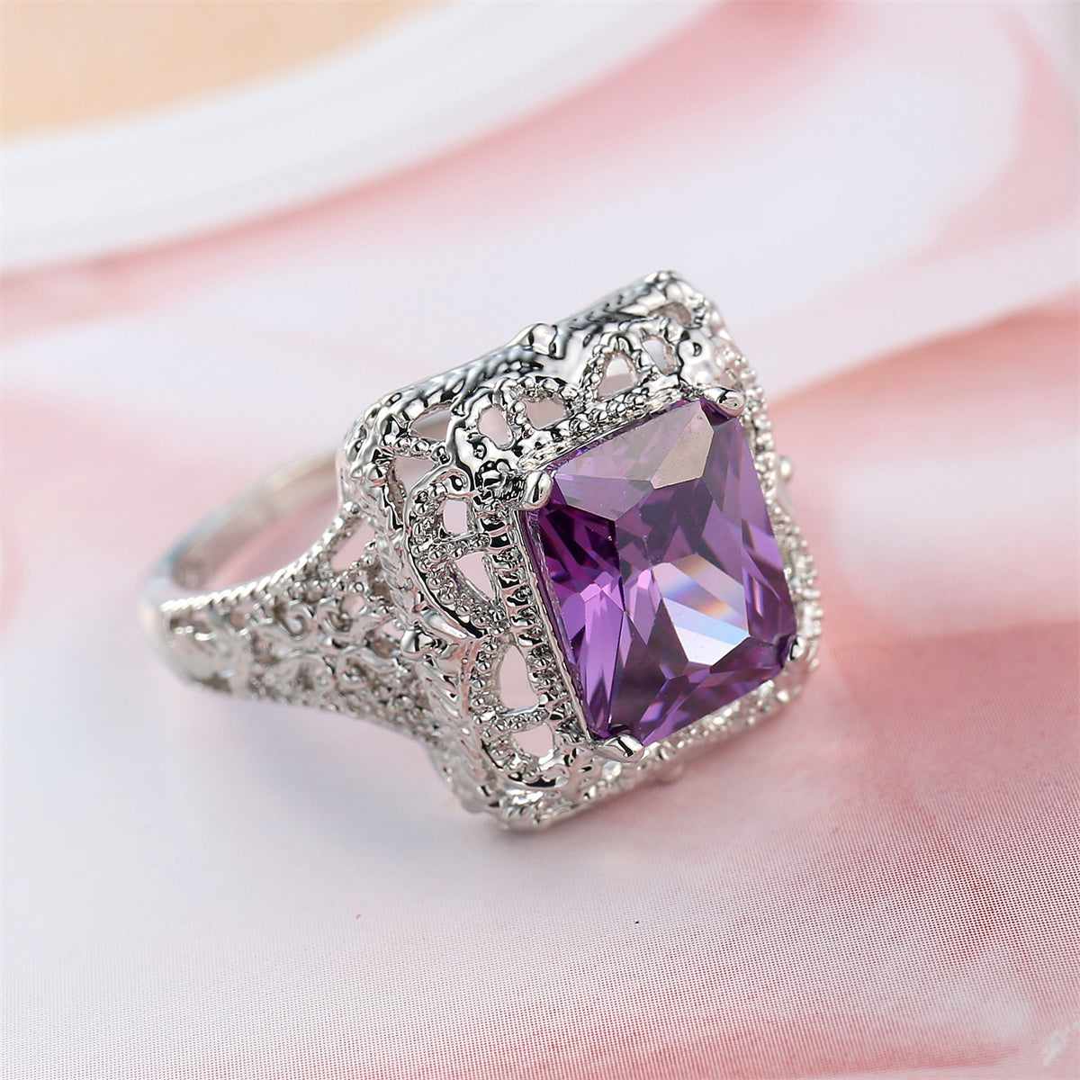 Purple Crystal & Silvertone Radiant-Cut Ring-3