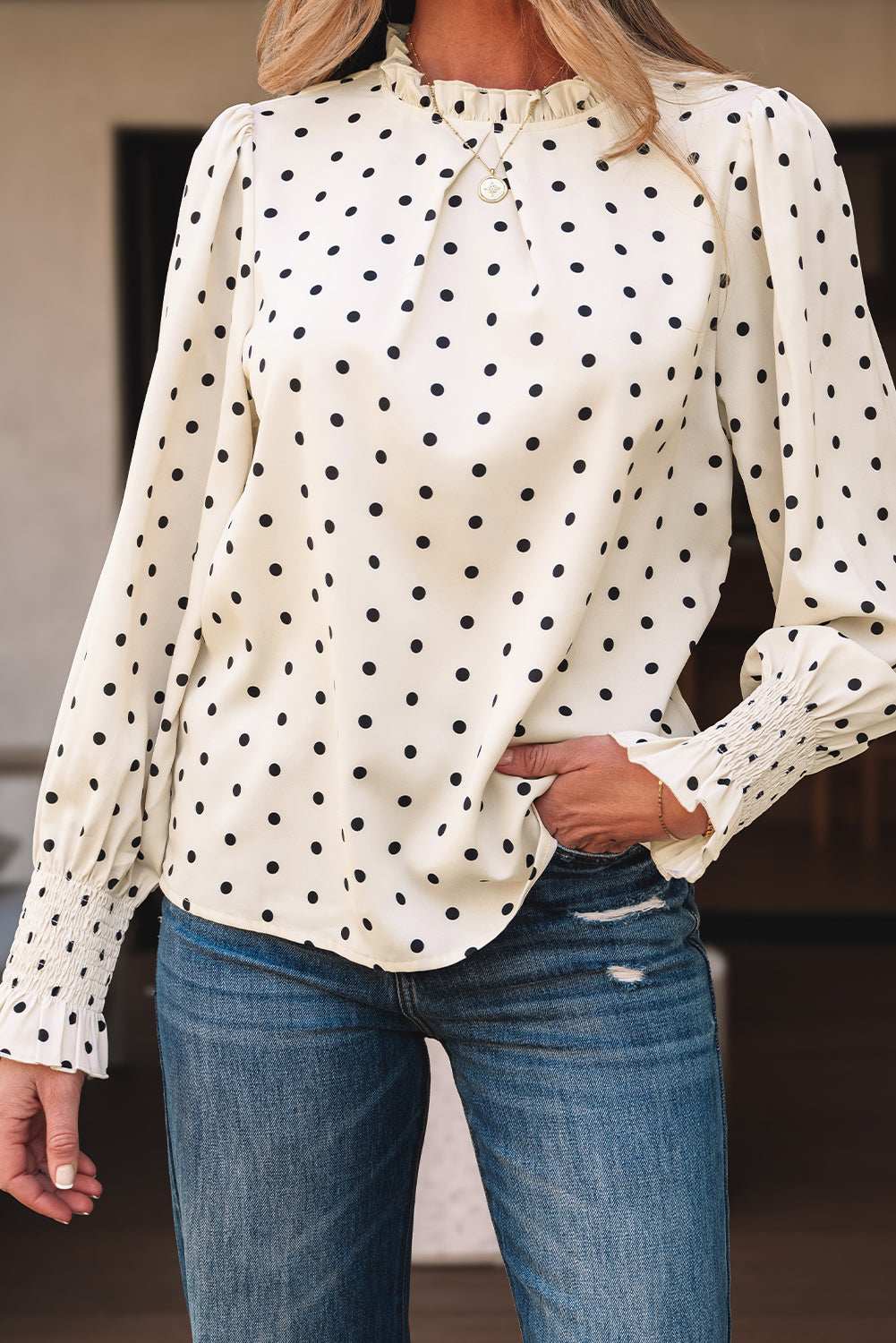 Threaded Pear Catalina Polka Dot Lantern Sleeve Blouse