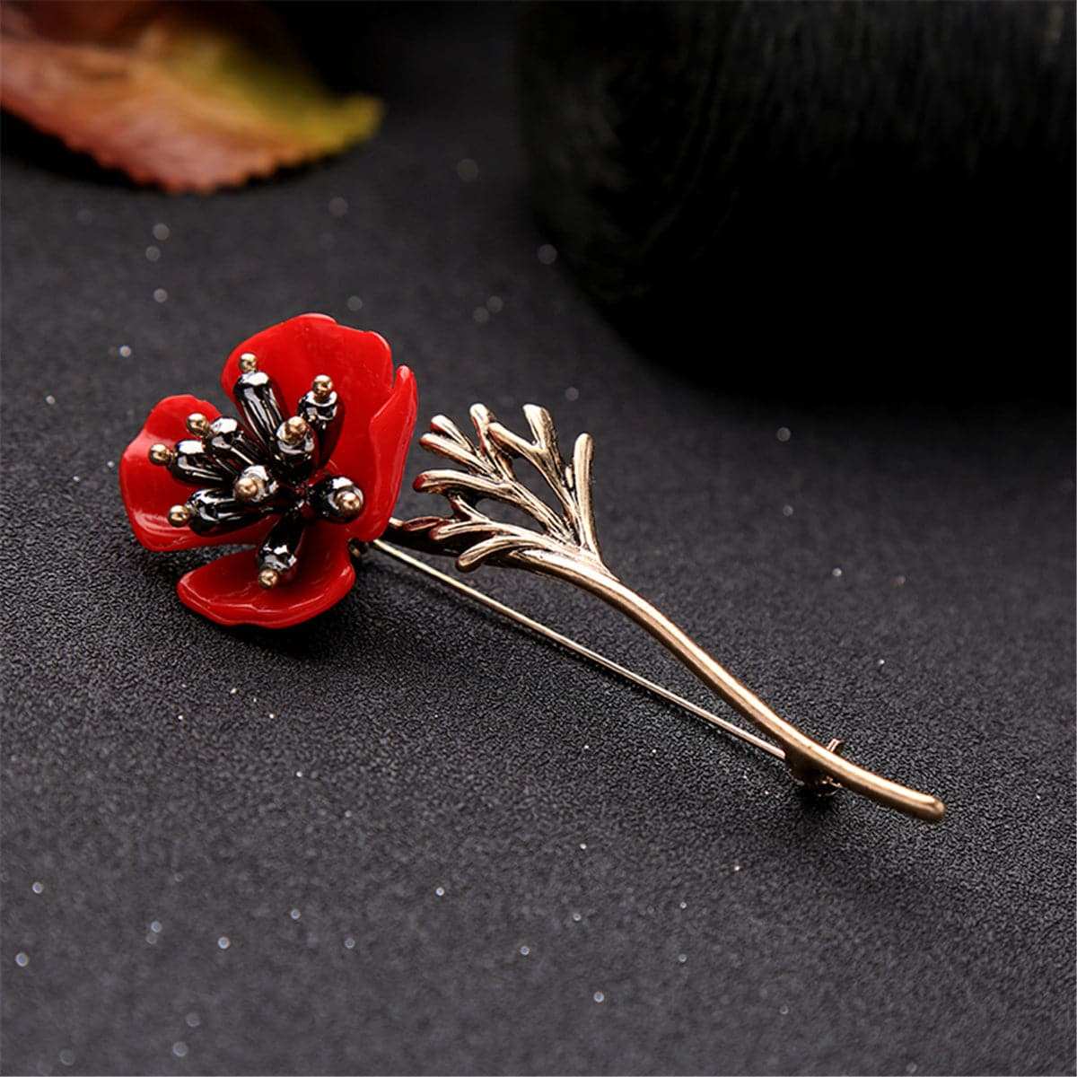 Red Enamel & Pearl Goldtone Plum Blossom Brooch