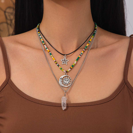 Crystal & Howlite Polyster Silvertone Sun Hexagonal Prism Pendant Necklace Set