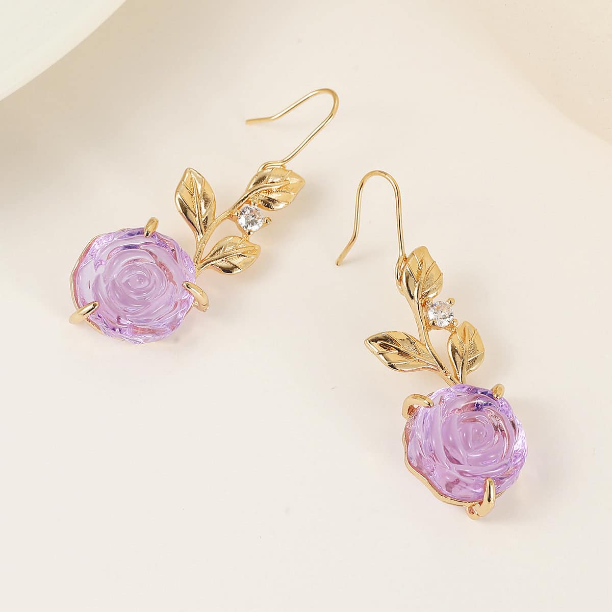 Purple Resin & Cubic Zirconia Goldtone Flower Dangle Earrings