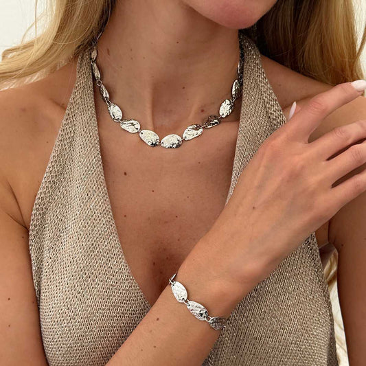 Silvertone Hammered Pear Chain Bracelet & Necklace Set