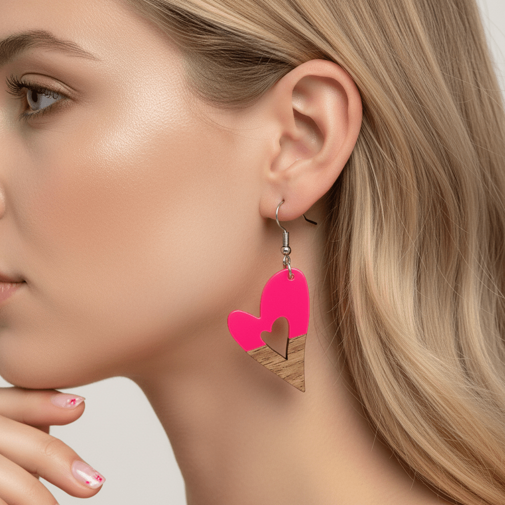 Rose Resin & Wood Silvertone Heart Hook Earrings