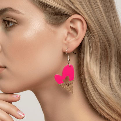 Rose Resin & Wood Silvertone Heart Hook Earrings