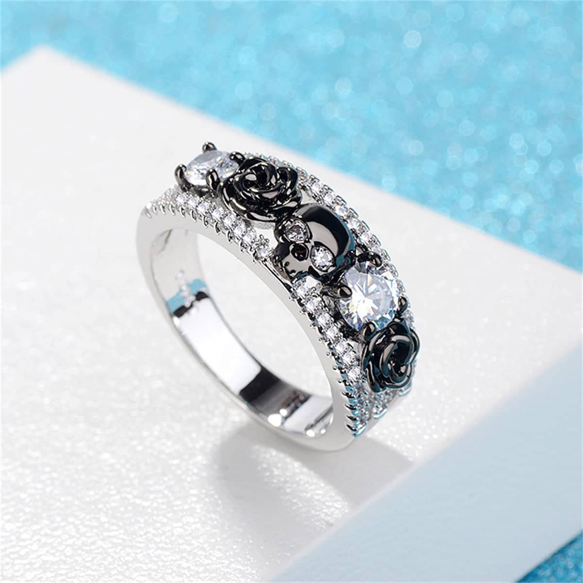 Crystal & Cubic Zirconia Two-Tone Skull Rose Ring-8