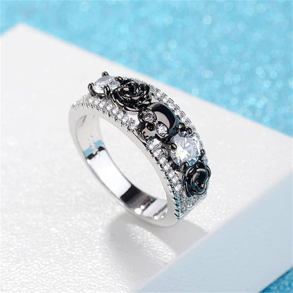Crystal & Cubic Zirconia Two-Tone Skull Rose Ring-8