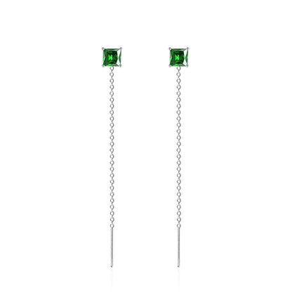 Green Crystal & Silvertone Cube Threader Earrings