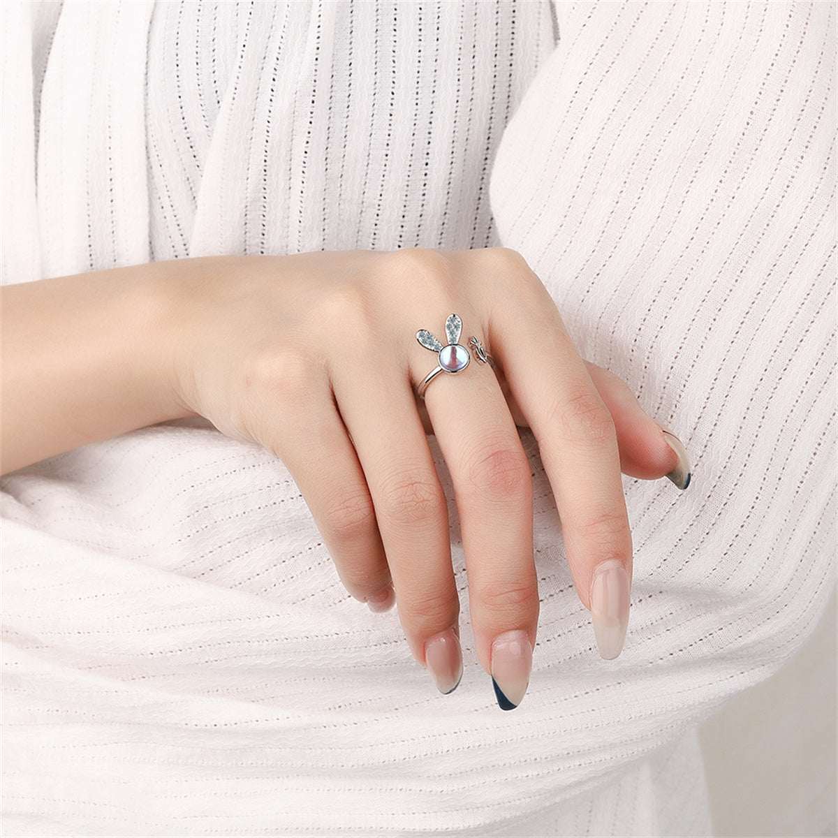 Moonstone & Cubic Zirconia Silvertone Rabbit Bypass Ring