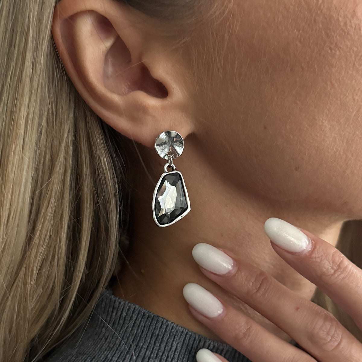 Gray Crystal & Silvertone Irregular Dangle Earring