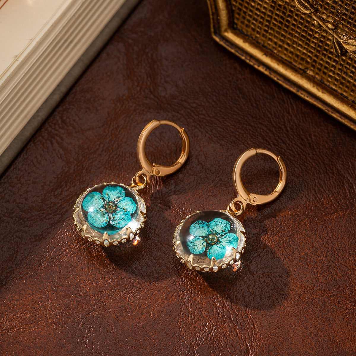 Light Blue Pressed Flower & Goldtone Round Huggie Earrings