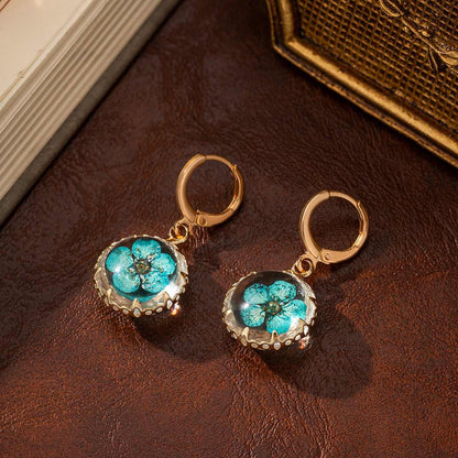 Light Blue Pressed Flower & Goldtone Round Huggie Earrings