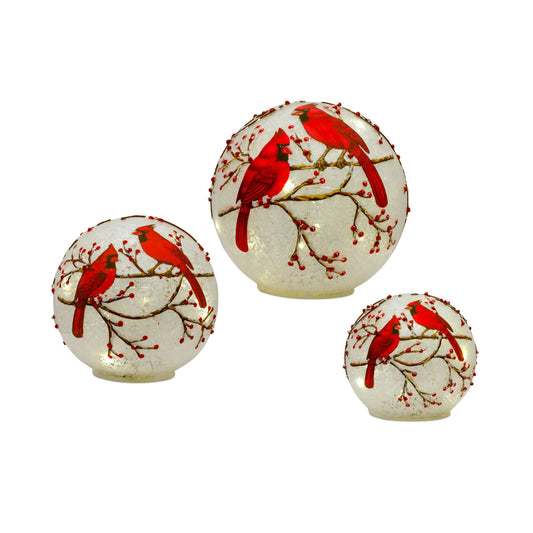 Melrose International LED Frosted Cardinal Orb with Berry Branch Design (Set of 3)