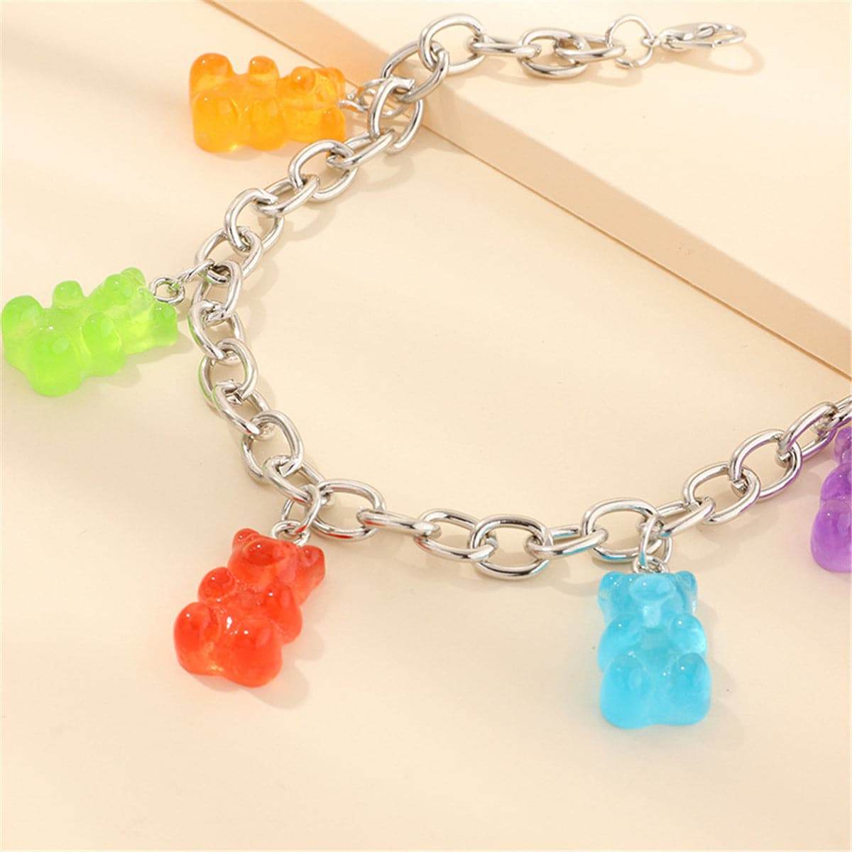 Rainbow Resin & Silver Plated Bear Station Anklet