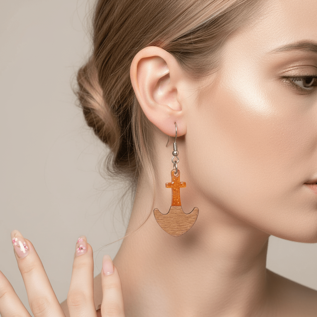 Yellow Resin & Wood Silvertone Anchor Hook Earrings