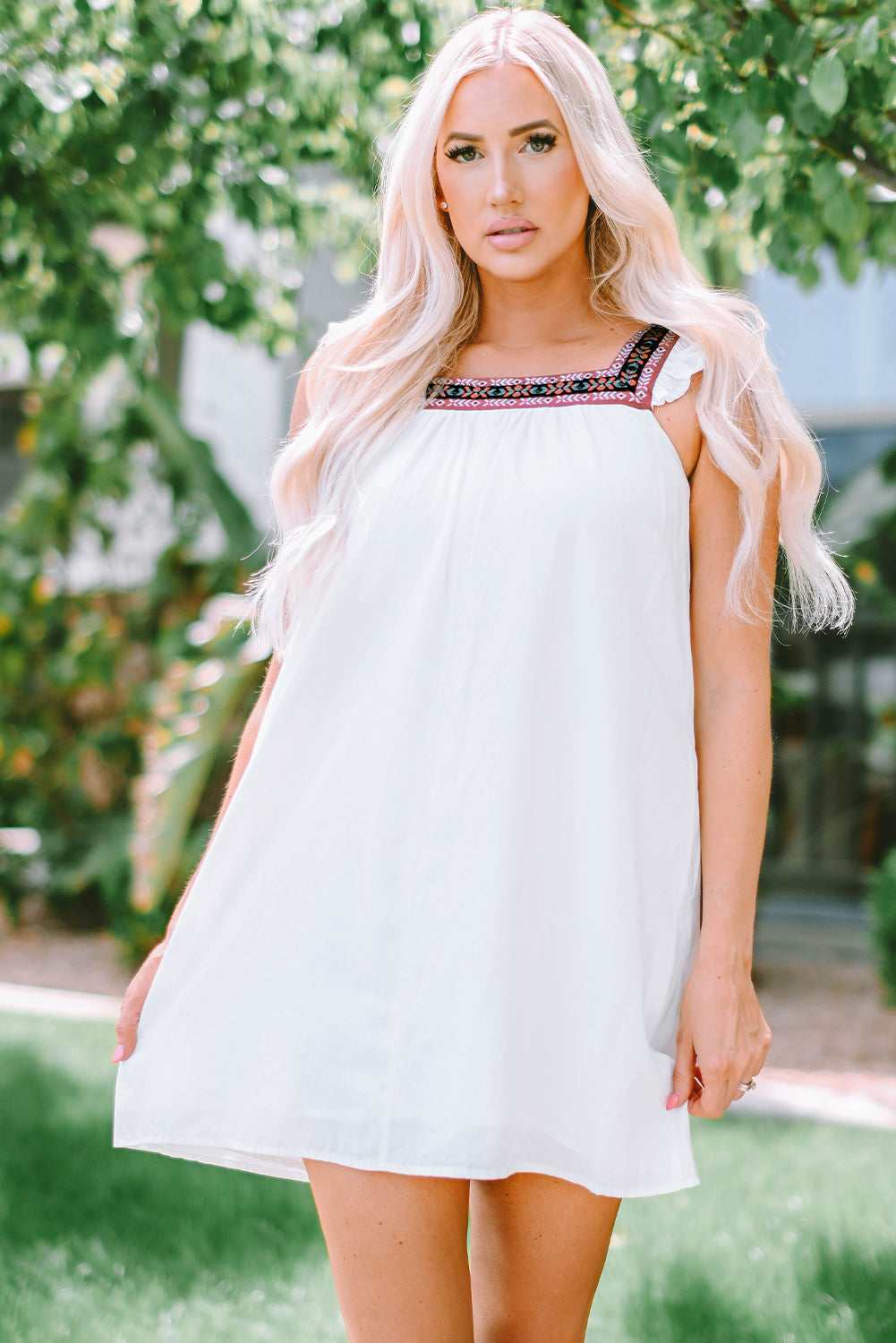 Threaded Pear Nola Frill Embroidered Square Neck Shift Dress