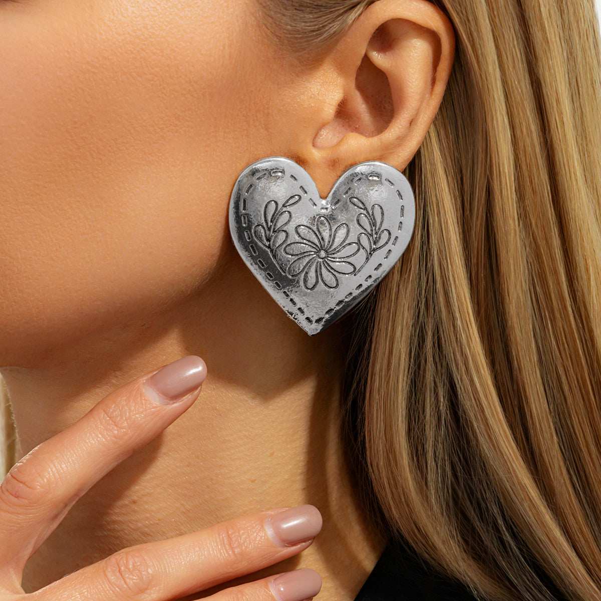 Silvertone Flower Heart Stud Earrings