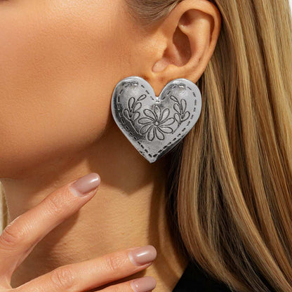Silvertone Flower Heart Stud Earrings