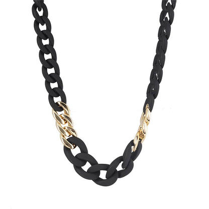 Black Acrylic & Goldtone Patchwork Curb Chain Necklace
