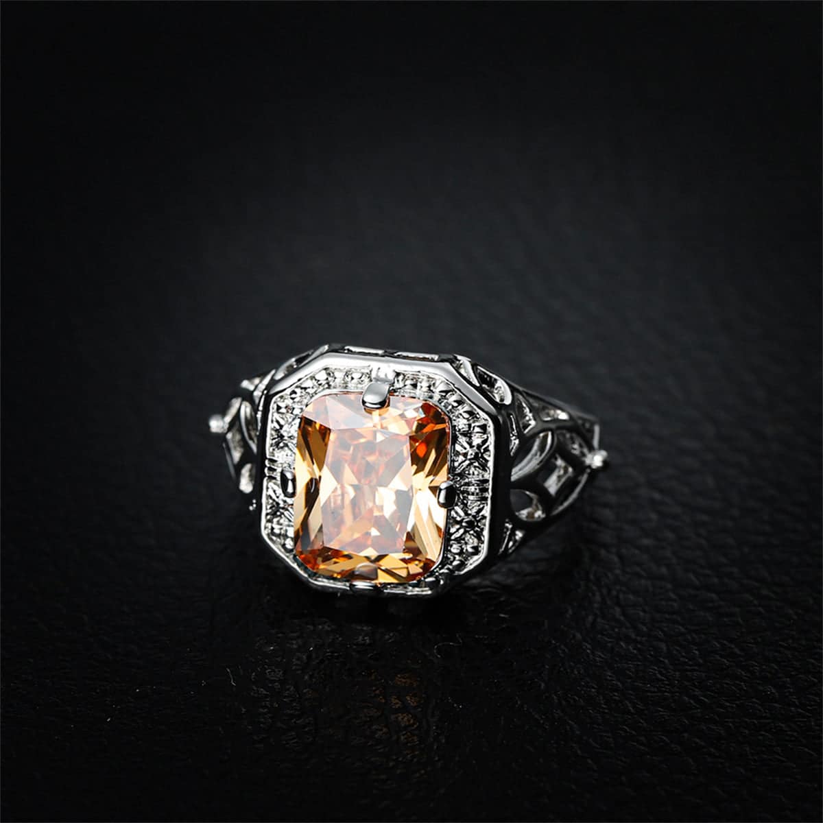 Champagne Crystal & Silvertone Openwork Radiant-Cut Ring