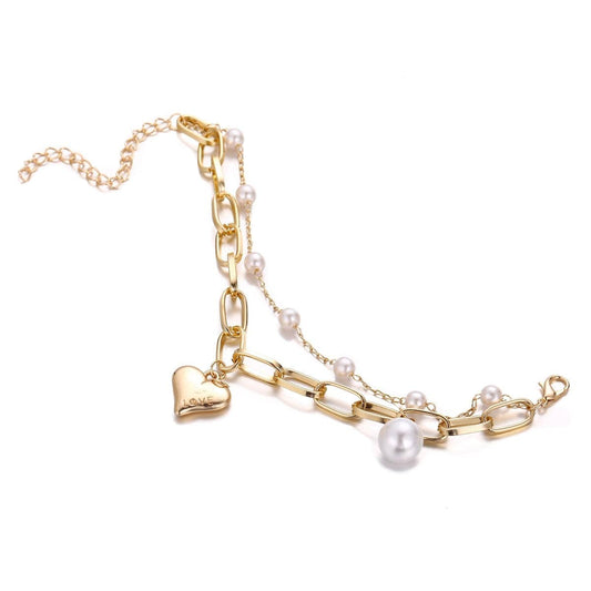 Pearl & Goldtone Heart Charm Chain Bracelet