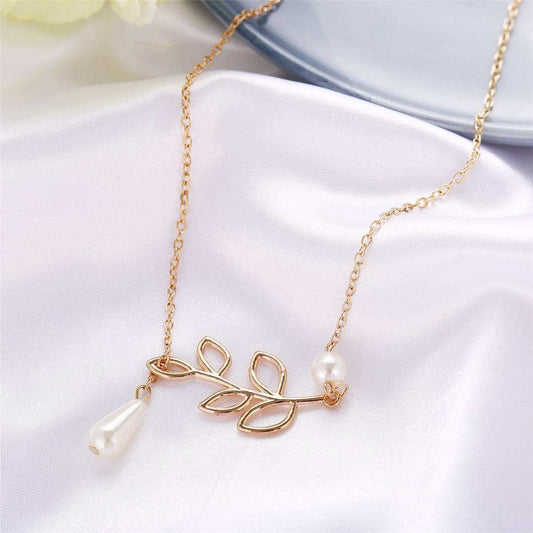 Pearl & Goldtone Leaves Openwork Bar Necklace