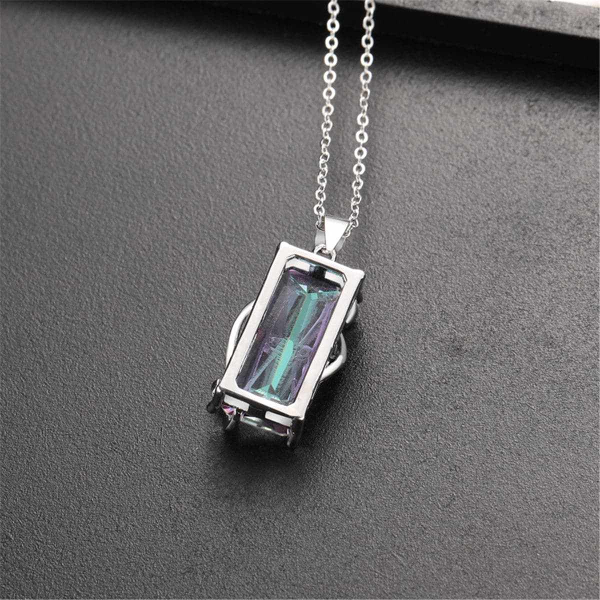 Iridescent Green Crystal & Silvertone Rectangle Pendant Necklace