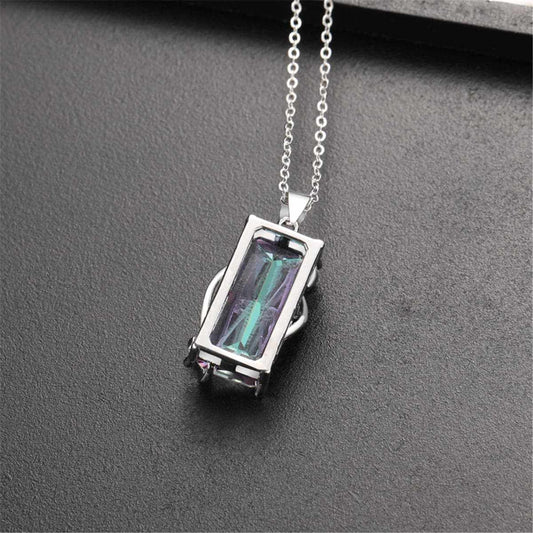 Iridescent Green Crystal & Silvertone Rectangle Pendant Necklace