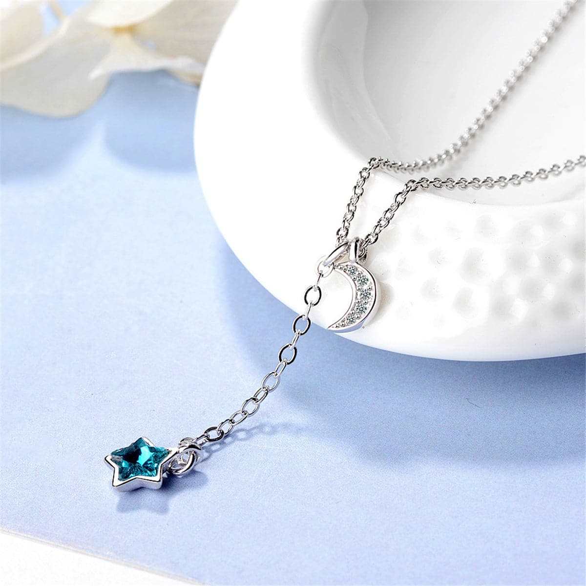 Blue Crystal & Cubic Zirconia Moon Pendant Necklace