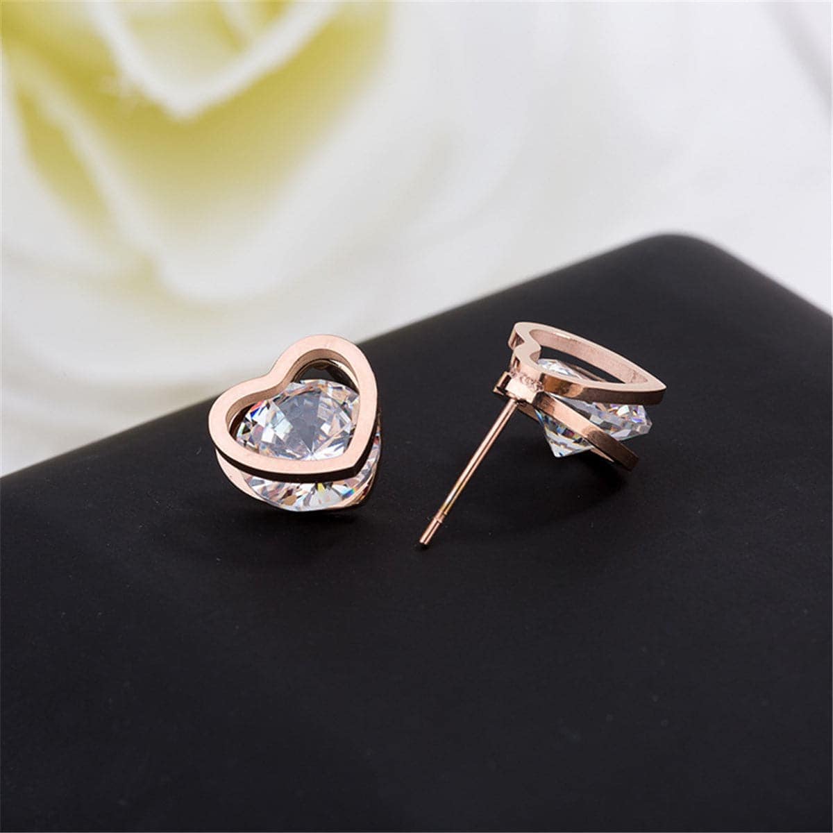 Cubic Zirconia & Rose Goldtone Heart Stud Earrings