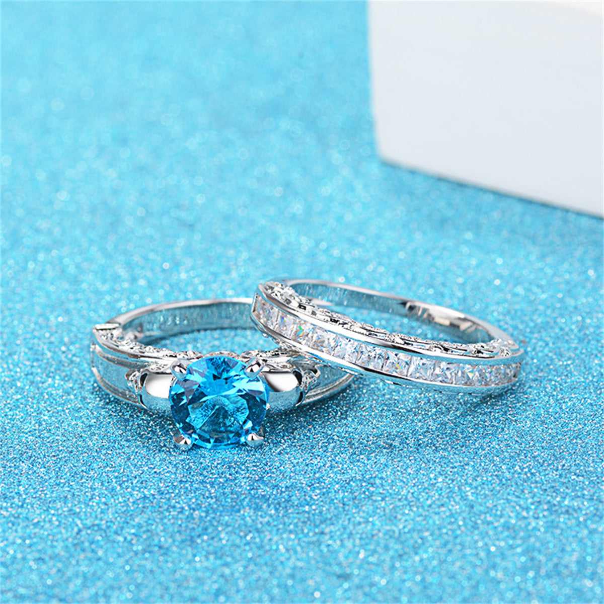 Sea Blue Crystal & Cubic Zirconia Skull Wing Ring Set-1