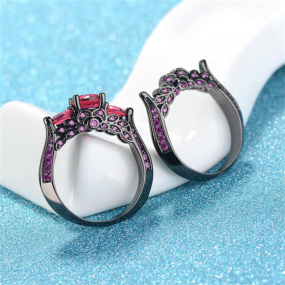 Red Crystal & Cubic Zirconia Botanical Ring Set-3