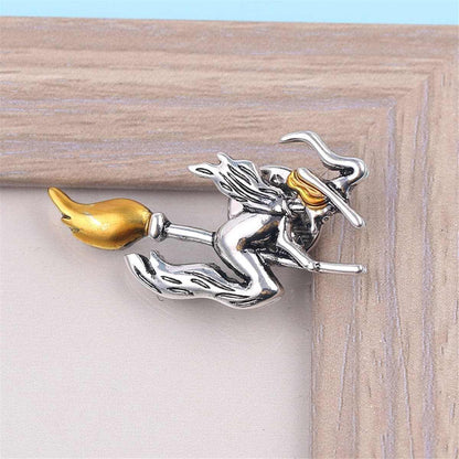 Yellow & Silvertone Flying Witch Brooch