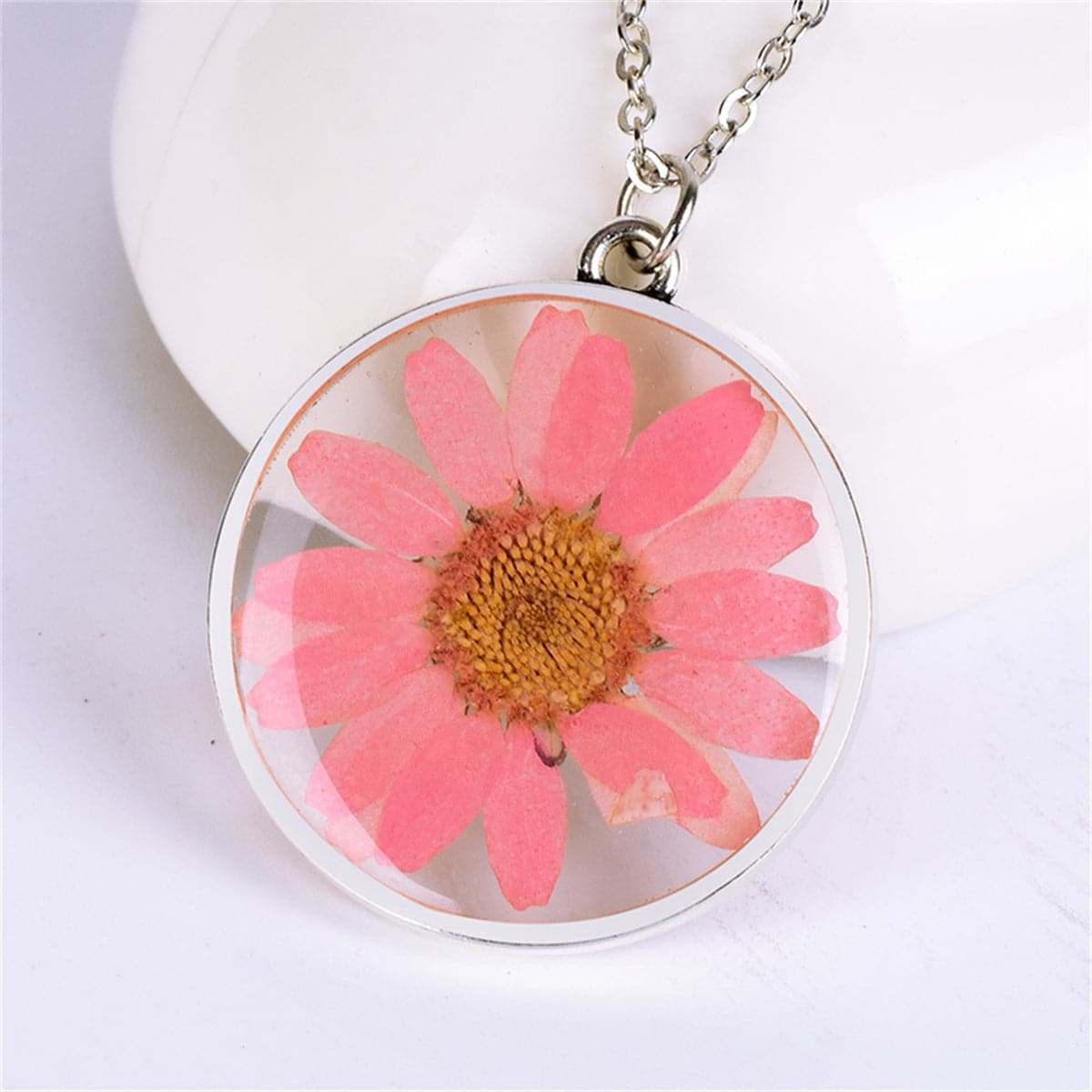 Pink Pressed Mum & Silvertone Round Pendant Necklace