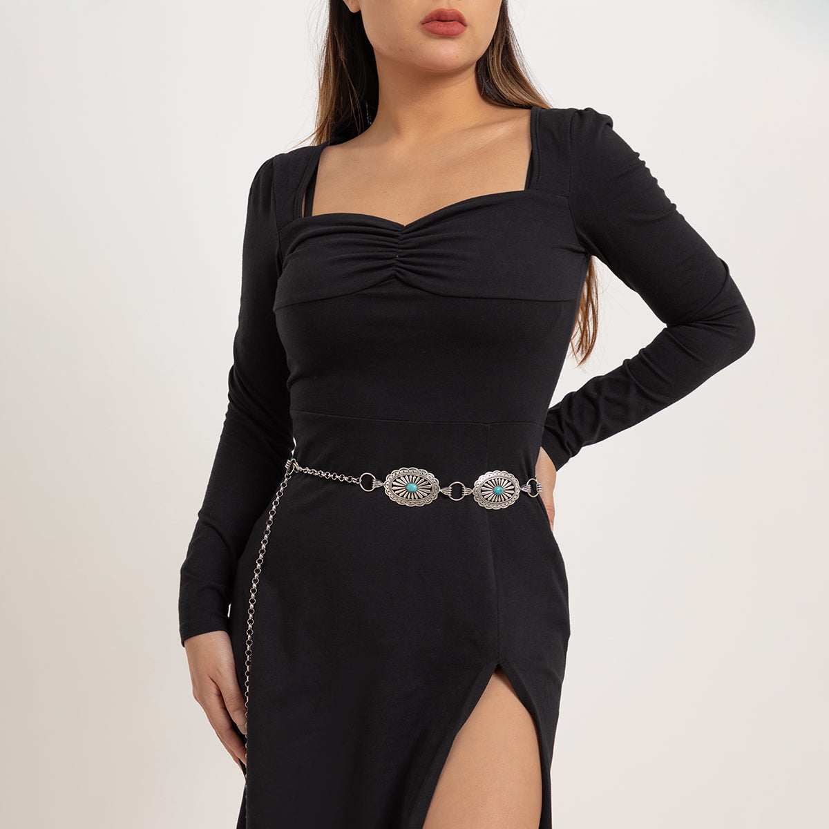 Turquoise & Silvertone Oval Chain Station Waist Belt