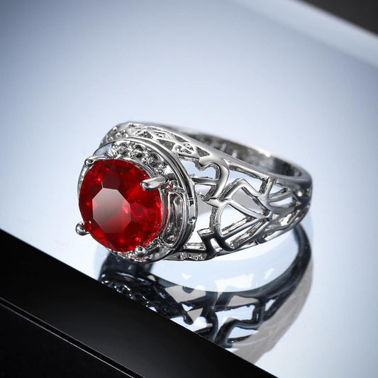 Red Crystal & Silvertone Filigree Cocktail Ring-1