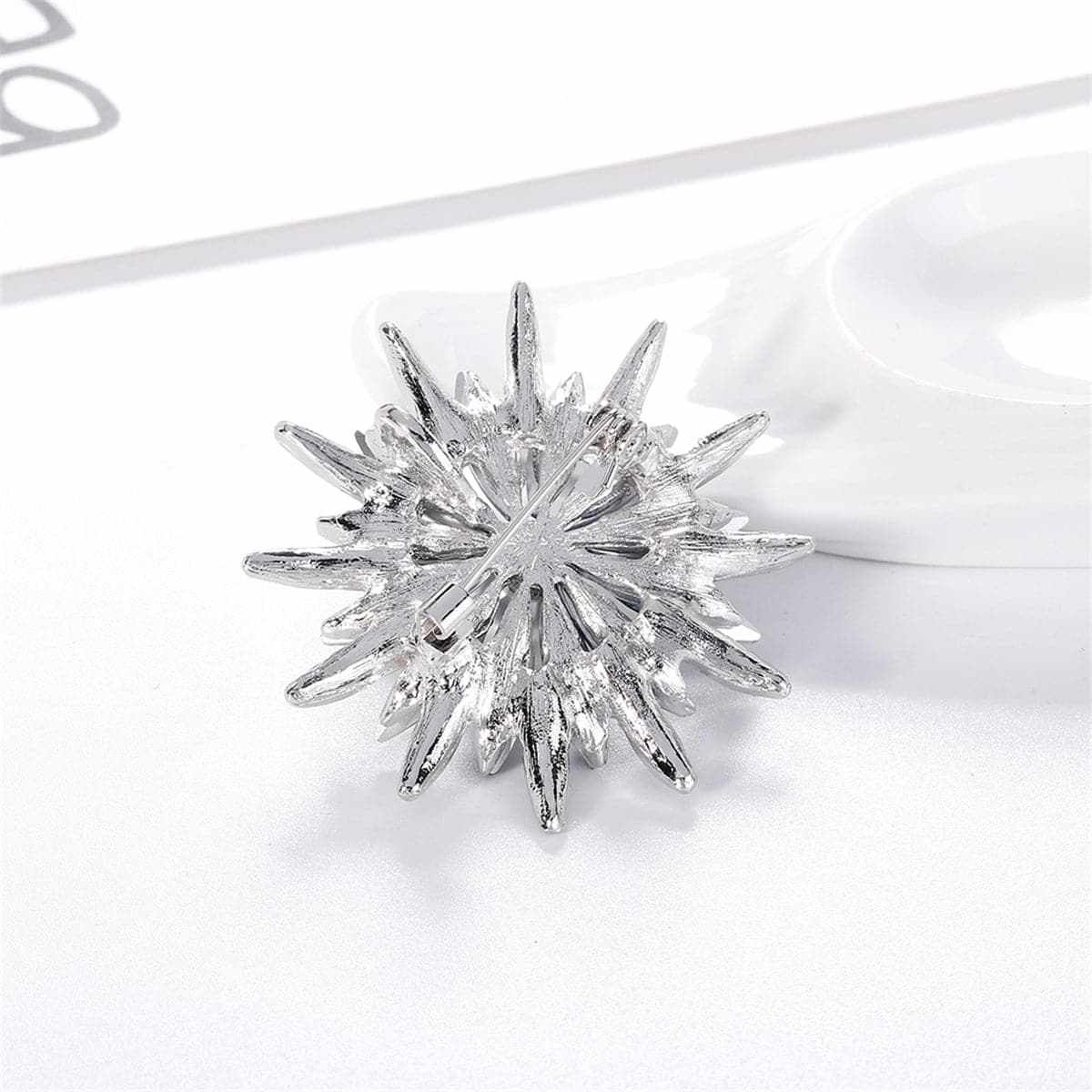 Blue Crystal & Cubic Zirconia Pearl Silvertone Flower Brooch