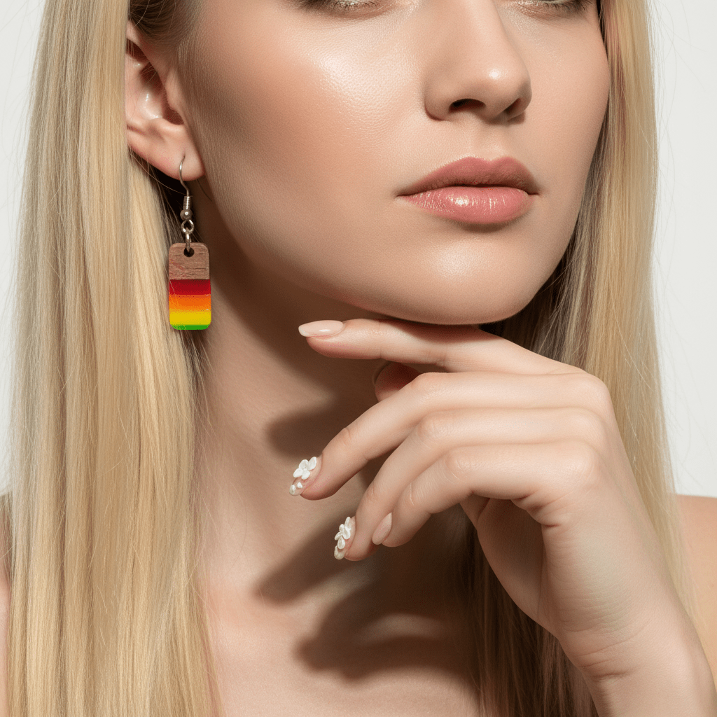 Multi-Colored Resin & Wood Silvertone Stripped Rectangle Hook Earrings