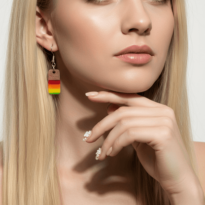 Multi-Colored Resin & Wood Silvertone Stripped Rectangle Hook Earrings