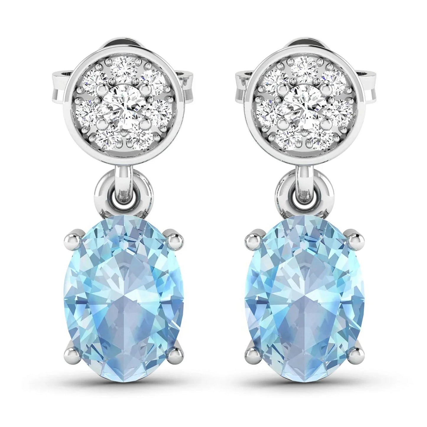 1.40 Ct Oval Blue Aquamarine & Diamond Prong 14K White Gold Dangle Earrings