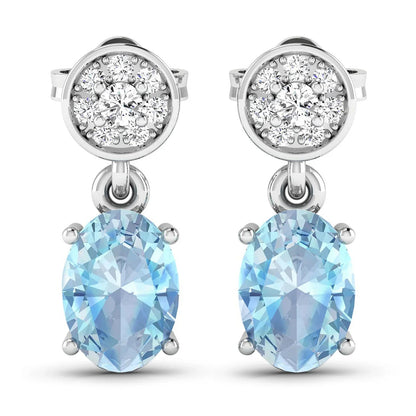 1.40 Ct Oval Blue Aquamarine & Diamond Prong 14K White Gold Dangle Earrings