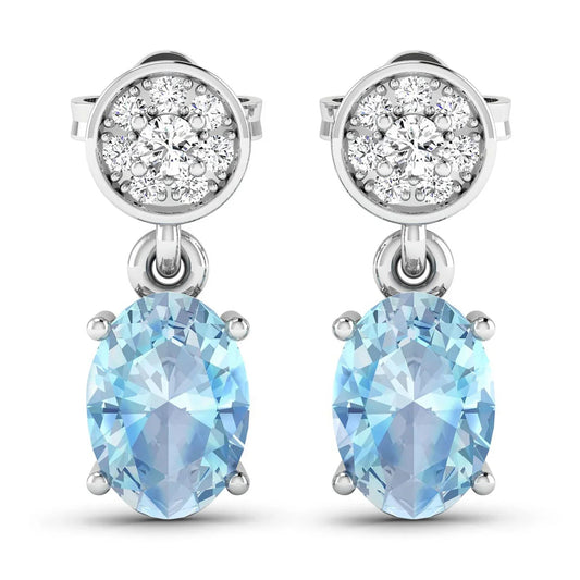 1.40 Ct Oval Blue Aquamarine & Diamond Prong 14K White Gold Dangle Earrings