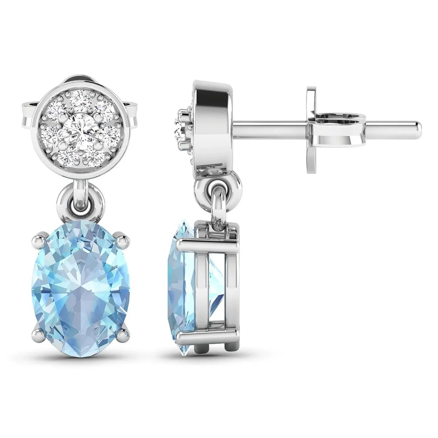 1.40 Ct Oval Blue Aquamarine & Diamond Prong 14K White Gold Dangle Earrings