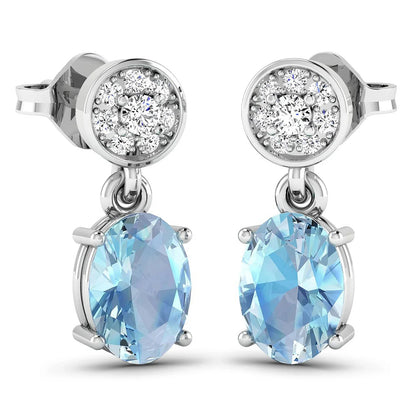 1.40 Ct Oval Blue Aquamarine & Diamond Prong 14K White Gold Dangle Earrings