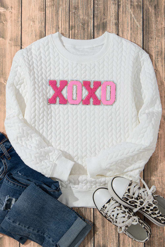 Threaded Pear Logan XOXO Glitter Chenille Cable Knit Pullover Sweatshirt