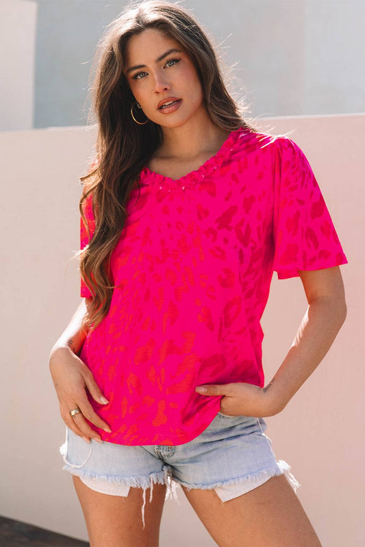 Threaded Pear Laurel Leopard Frilly V Neck Short Sleeve Blouse